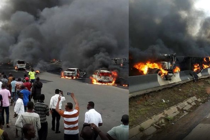 Scene of the tanker fire at Otedola bridge on Lagos-Ibadan expressway, on Thursday.