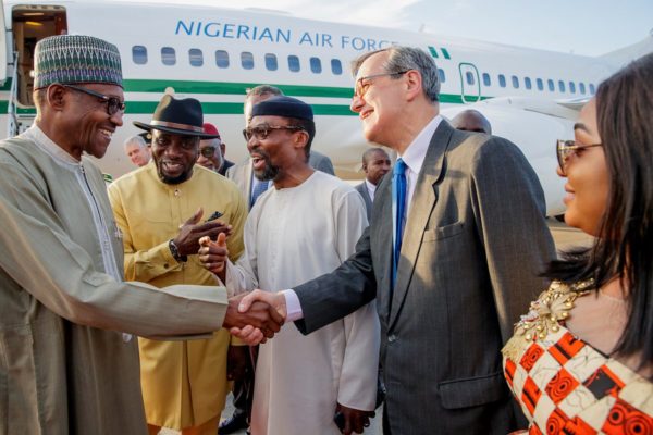 President Buhari with Mr Oji Ngofa, Nigeria’s Ambassador to the Kingdom of the Netherlands, Judge Chile Eboe-Osuji, President of the @IntlCrimCourt, Vice Pres. of the Court, Marc Perrin de Brichambut and Wife of Nigeria’s Ambassador, Mrs Depriye Ngofa, on arrival in The Hague on Sunday