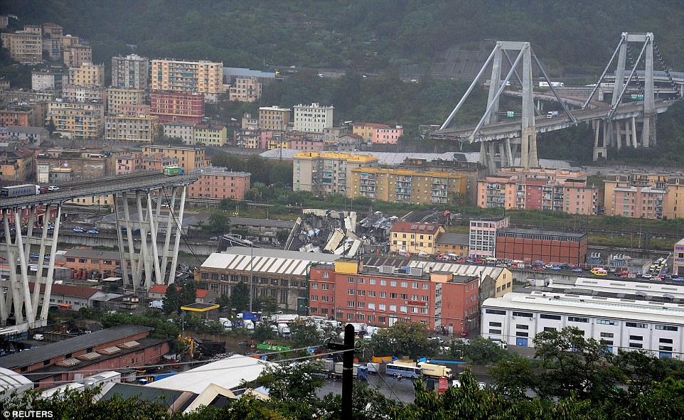 Collapsed section of the bridge with a green truck perched on the brink