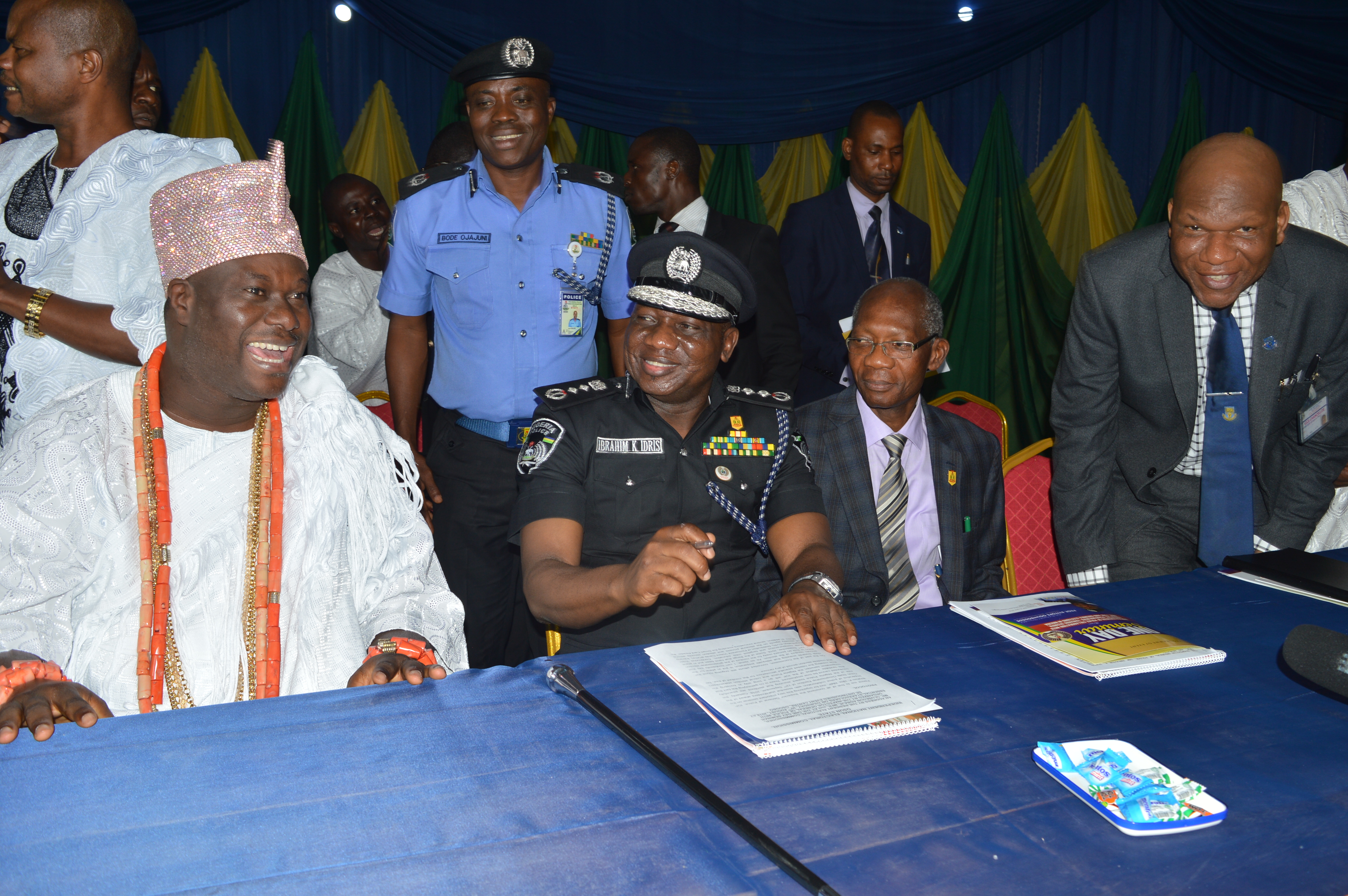 From left: The Ooni of Ife, Oba Enitan Adeyeye Ogunwusi; the Inspector General of Police, Mr Ibrahim Idris, the INEC REC in Osun, Mr Segun Agbaje, and the VC, Obafemi Awolowo University, Prof Eyitayo Ogunbodede today at a One-Day seminar on security towards a peaceful September 22 Gubernatorial Election in Osun State.