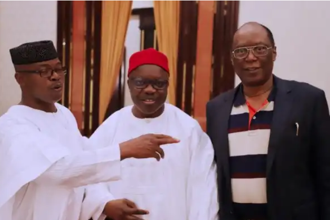 Ex-gov Segun Oni, Ex-gov Emmanuel Uduaghan and Ex-gov Osermehien Osunbor at the APC caucus meeting in Abuja, on Monday.