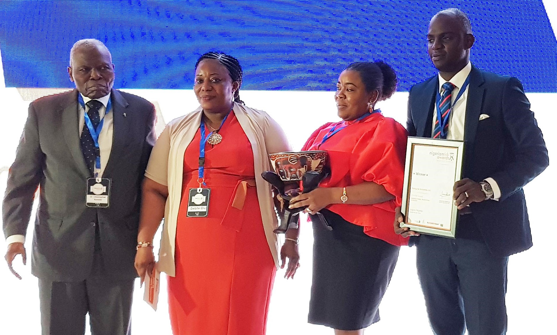 From Left, Pro-Chancellor and Ex-Chairman of the Governing Council, Lagos Business School, Dr. Christopher Kolade; Head Construction & Technical Unit, Lagos State Safety Commission , Debite Victoria Olu; Group Operational Lead, Risk Management, Dangote Industries Limited, Eneni Oduwole; Head, Risk Management, NASCON Allied Industries Plc, Adewale Akinwale, during the Risk Award held in Lagos