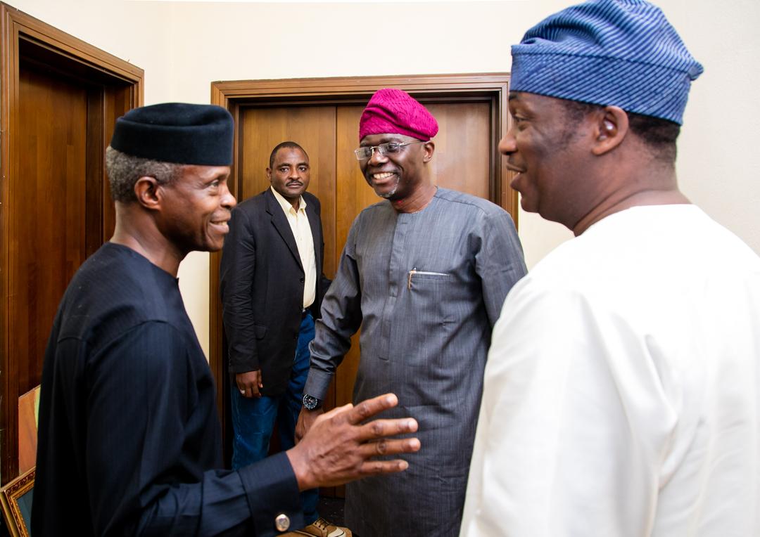 Osinbajo, left, exchanges pleasantries with Sanwo-Olu and Hamzat