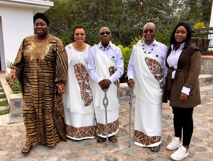 From left, Miss Funke Obasanjo, Graça Machel, Chief Olusegun Obasanjo, Strive Masiyiwa and daughter Vimbai at the gorilla baby-naming ceremony in Rwanda's Volcano National Park. Namers are required to be dressed in traditional attires. Photo credit: Strive Masiyiwa