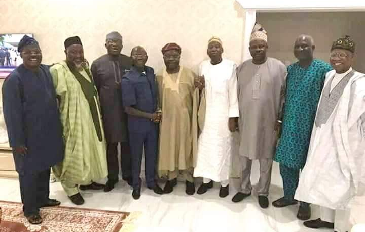 From left: Governors Abiola Ajumobi of Oyo State and Mohammed Badaru of Jigawa; Governor-elect for Ekiti State, Kayode Fayemi; APC National Chairman, Adams Oshiomhole; the SDP candidate in last Saturday’s Governorship Election in Osun, Iyiola Omisore; Governors Abdullahi Ganduje of Kano State; Governor Amosun, Deputy Speaker, House of Representatives, Yusuf Lasun; and Minister of Information and Culture, Lai Mohammed, after a meeting between Omisore and an APC team led by Oshiomhole, in Osogbo on Wednesday,