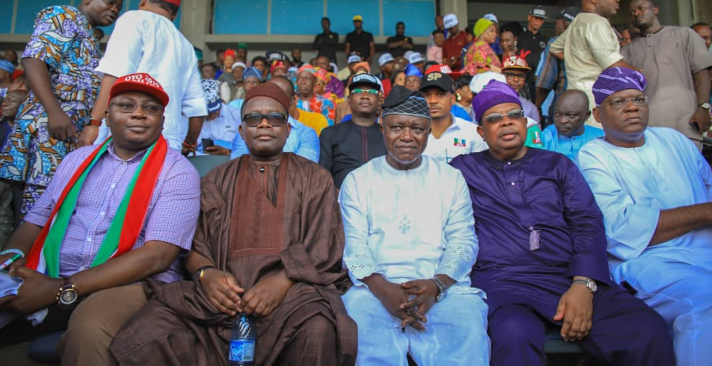 Adelabu, Ayandare, Akintola, Tegbe and Babalola at the ongoing Oyo APC governorship primary at Lekan Salami stadium in Ibadan