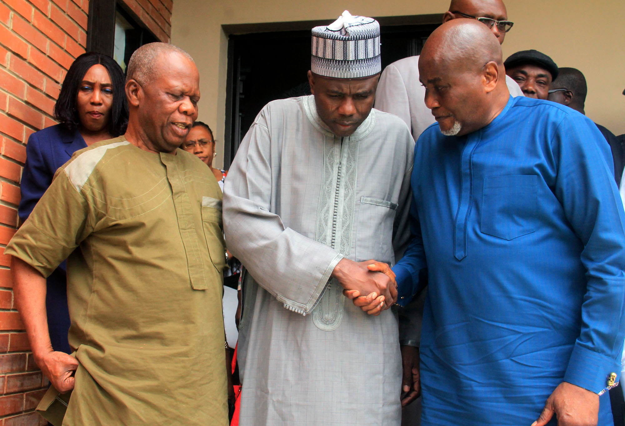 From Right: Prof Charles Quaker Dokubo, Special adviser to the President on Niger Delta Affairs and coordinator Presidential Amnesty programme, Senator Baba Kaka Bashir Garbai, Vice Chairman senate committee on Niger Delta, and Senator Yele Omogunwa, when the Senate Committee members, on Niger Delta paid a courtesy visit to the Amnesty office on September 11, in Abuja.