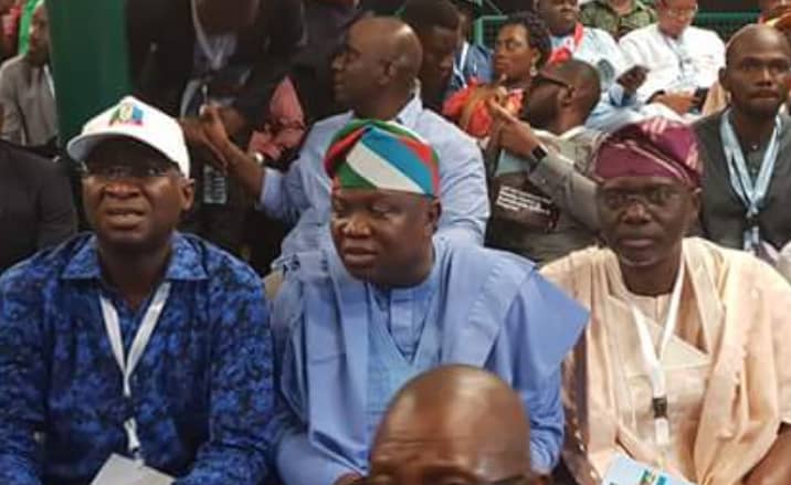 Past, Present and 'Future': Former Lagos State governor and Minister of Works, Power, and Housing, Babatunde Fashola, the state governor, Akinwunmi Ambode, and Lagos APC governorship candidate for the 2019 general elections, Babajide Sanwo-Olu at Saturday's National Convention in Abuja.