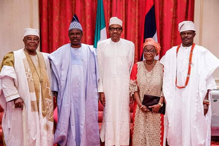 President Muhammadu Buhari with (From Left) HRM Oba Oludotun Aremu Gbadebo Alake and Paramount Ruler of Egbaland and Chairman, Ogun State Council of Obas, Governor Ibikunle Amosun of Ogun State, Senator Iyabo Anisulowo, a Former Minister of State for Education and HRM Oba Kehinde Olugbenle, the Olu of Ilaro and Paramount Ruler of Yewaland as he receives in audience Governor and Leaders from Ogun State in State House today.