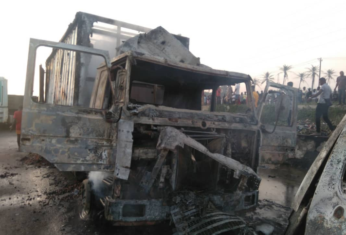 Scene of the petrol tanker fire at Ojo, Lagos on Tuesday.