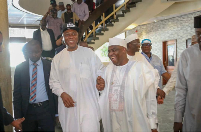 Saraki, left and Tambuwal before the primary. Photo: NAN