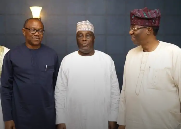 From left: Peter Obi, Atiku Abubakar and Director General of the Atiku Abubakar Campaign Organisation and former Ogun State governor, Otunba Gbenga Daniel, during the announcement of Obi as the PDP's vice presidential candidate in Abuja.
