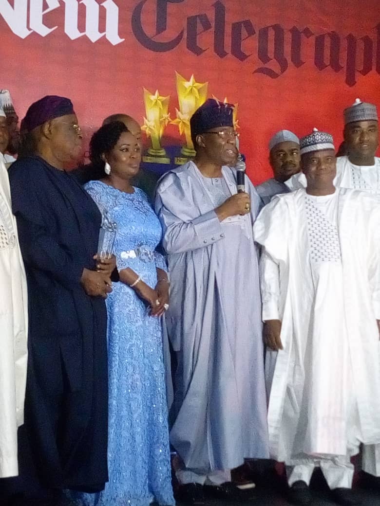 From Right, Gov Tambuwal, Ex-Gov Gbenga Daniel who represented Atiku, Mrs Egbemode, and Ex-Gov Segun Osoba at the Award presentation