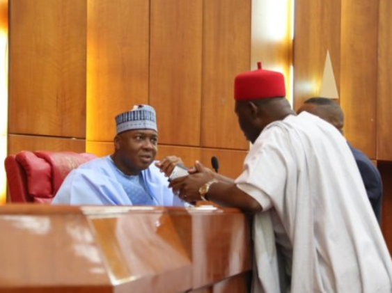 Deputy Senate President, Ike Ekweremadu (right), conferring with Senate President, Bukola Saraki