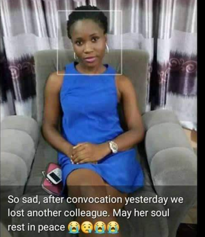 Deborah's photo posted on Facebook by a student of TASUED lamenting her death