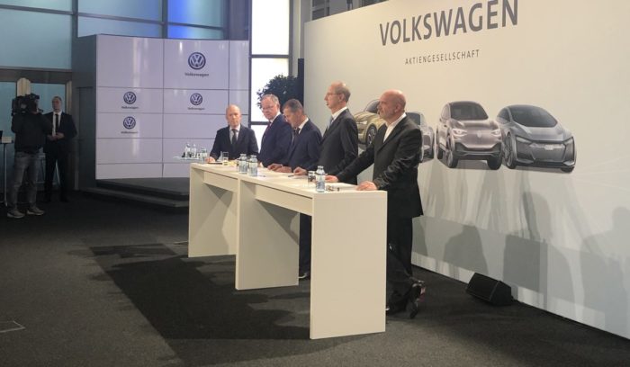 Volkswagen chiefs announcing the $50billion e-vehicle offensive