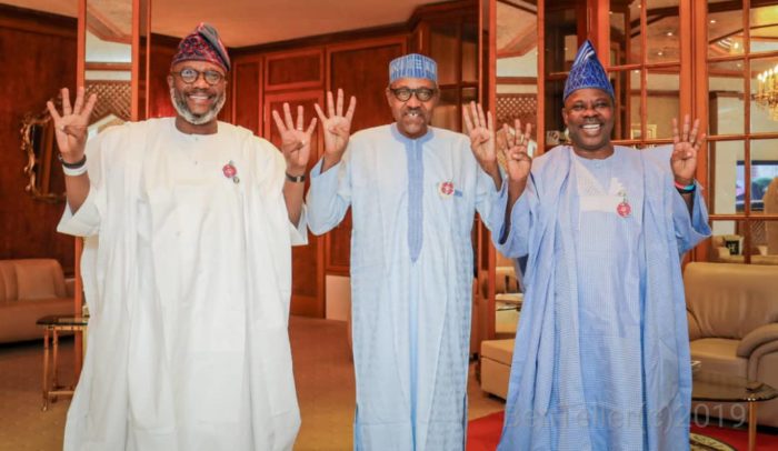 Buhari and the APM delegates from Ogun, Akinlade, left and Governor Amosun, left, Presidency clarifies that Buhari will only campaign for APC candidates