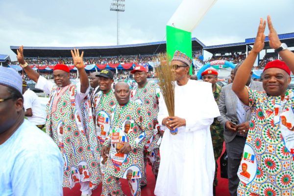Buhari on the campaign train in Abia and Imo states on Tuesday, beside him is former governor Orji Uzor Kalu