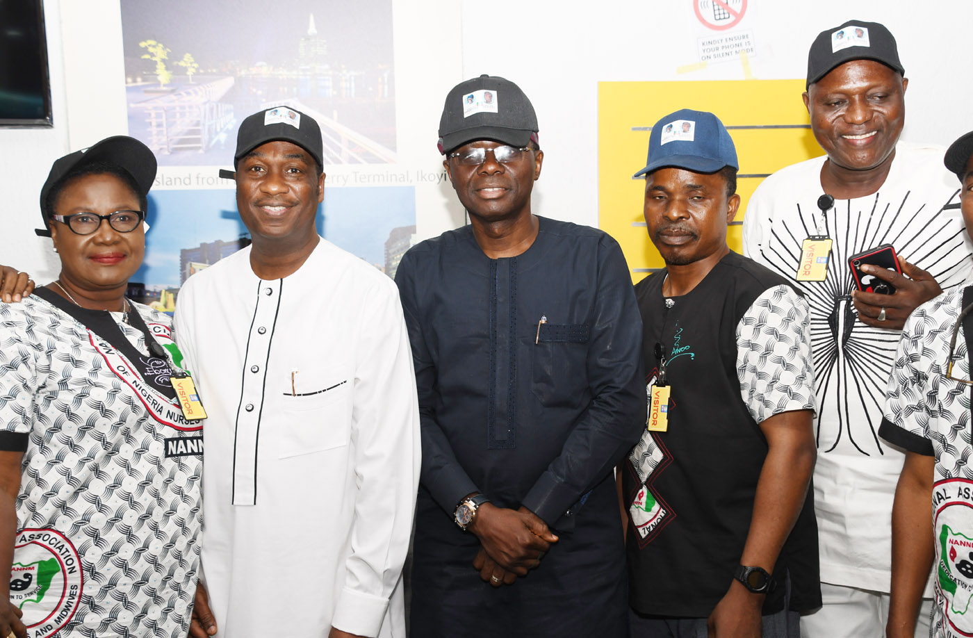 L-R: State PRO, National Association of Nigeria Nurses and Midwifery, Comrade Yetunde Ajose-Akano; All Progressives Congress Deputy Governorship Candidate in Lagos State, Dr. Obafemi Hamzat; Chairman, Lagos State Chapter, National Association of Nigeria Nurses and Midwifery, Comrade Olurotimi Awojide; All Progressives Congress Governorship Candidate in Lagos State, Mr. Babajide Sanwo-Olu and former President of the Association, Olufemi Tonade, during a solidarity visit by the Association to BOSMedia Office, Ikoyi Lagos……yesterday