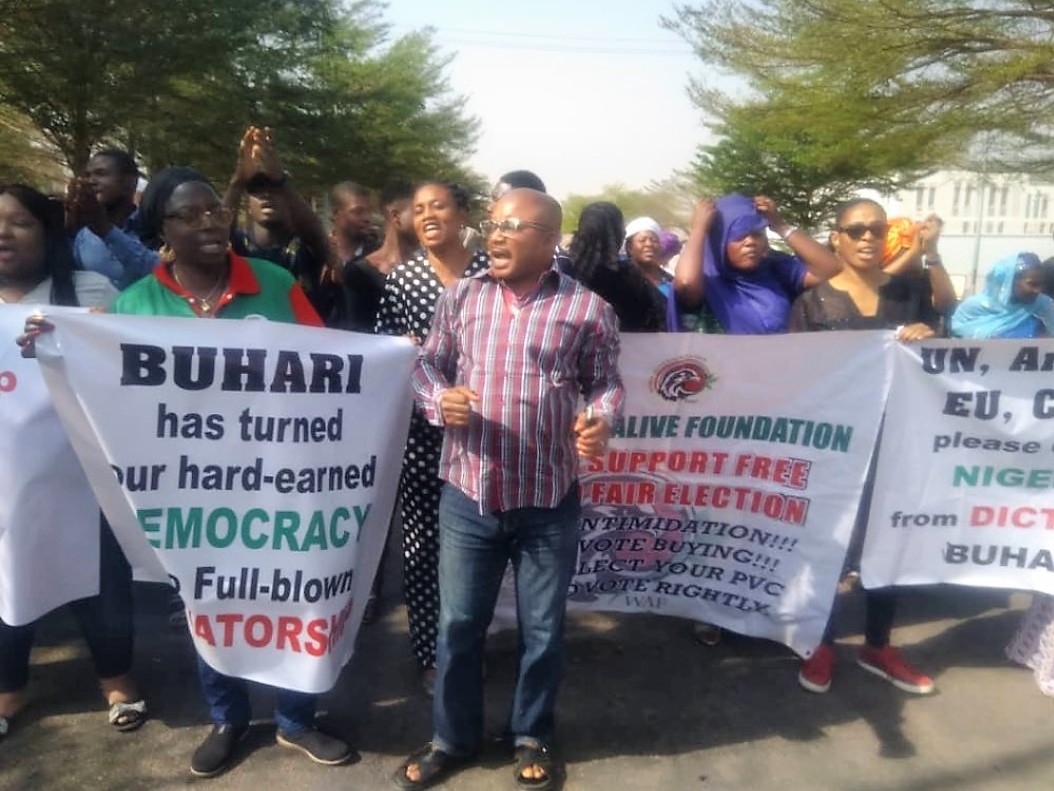 Protesters outside the US Embassy in Abuja today