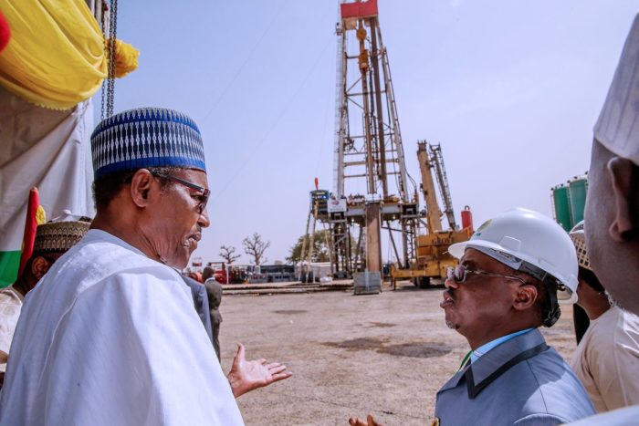 Buhari and Baru at the Barambu oil drilling site