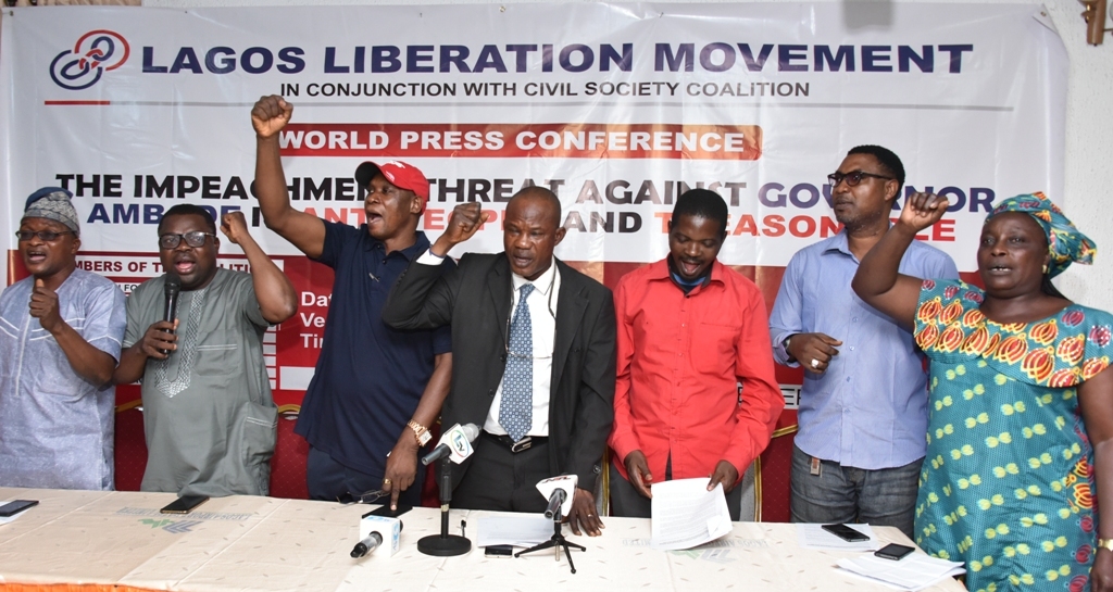 Mr. Obatungbashe Adebayo, Deputy President of Campaign for Democracy; Mr. Femi Lawson, Secretary, Lagos Liberation Movement; Comrade Mark Adebayo, Convener, Lagos Liberation Movement; Comrade Toyin Raheem, Chairman, Campaign Against Corruption and Governance (CACOBAG); Comarde Peter Oyewole; Mr. Adkunle Araba and Alhaja Ganiyatu Matti with other Civil Society Coalition at a world press conference tagged “Impeachment threat against Governor Akinwunmi Ambode is Anti-People and Treasonable”, held at the Airport Hotel, Ikeja, on Thursday, 31st January, 2019.