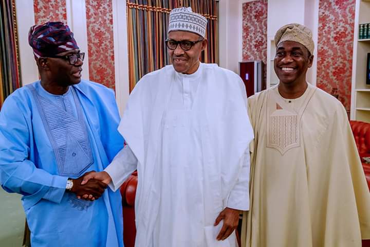 President Mohammadu Buhari (middle) flanked by Lagos State Governor-elect, Mr. Babajide Sanwo-Olu (left) and his Deputy Governor-elect, Dr. Obafemi Hamzat, during a courtesy call on the president by the later, in Aso Rock Villa, Abuja