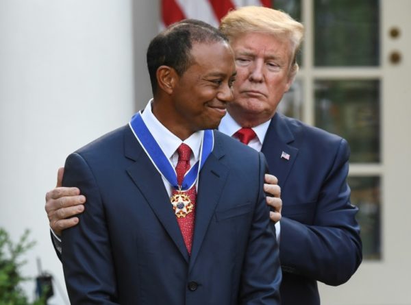 Woods with Trump after receiving the Presidential Medal of Freedom