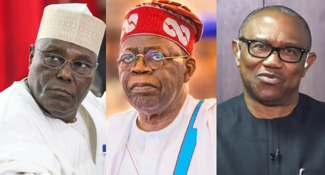 President Bola Tinubu flanked by Atiku Abubakar (left) and Peter Obi