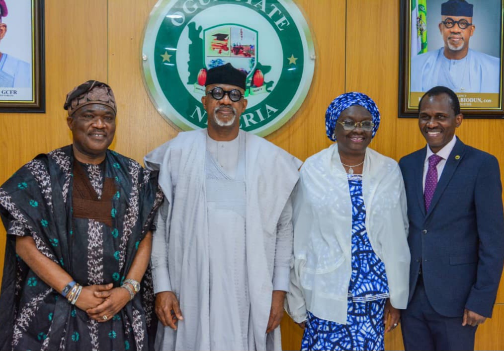 From Left: Group Chairman, Odu'a Investment Company Limited, Otunba Bimbo Ashiru; Ogun State Governor, Prince Dapo Abiodun; his Deputy, Engr. Noimot Salako-Oyedele and the Group Managing Director and Chief Executive Officer of Odu'a Investment Company Limited, Mr Adewale Raji, shortly after a visit to the governor by the Board and Management Team of Odu'a Investment Company Ltd on Tuesday.