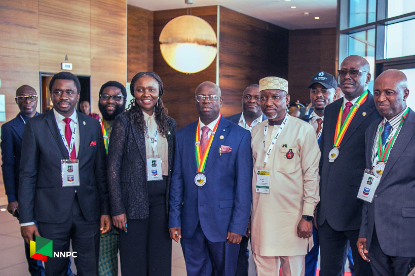 NNPC Ltd's Executive Vice President, Upstream, Mrs Oritsemeyiwa Eyesan (2nd from left, front row), NAPE leaders, and some participants at the opening ceremony of the 41st NAPE Conference in Lagos.