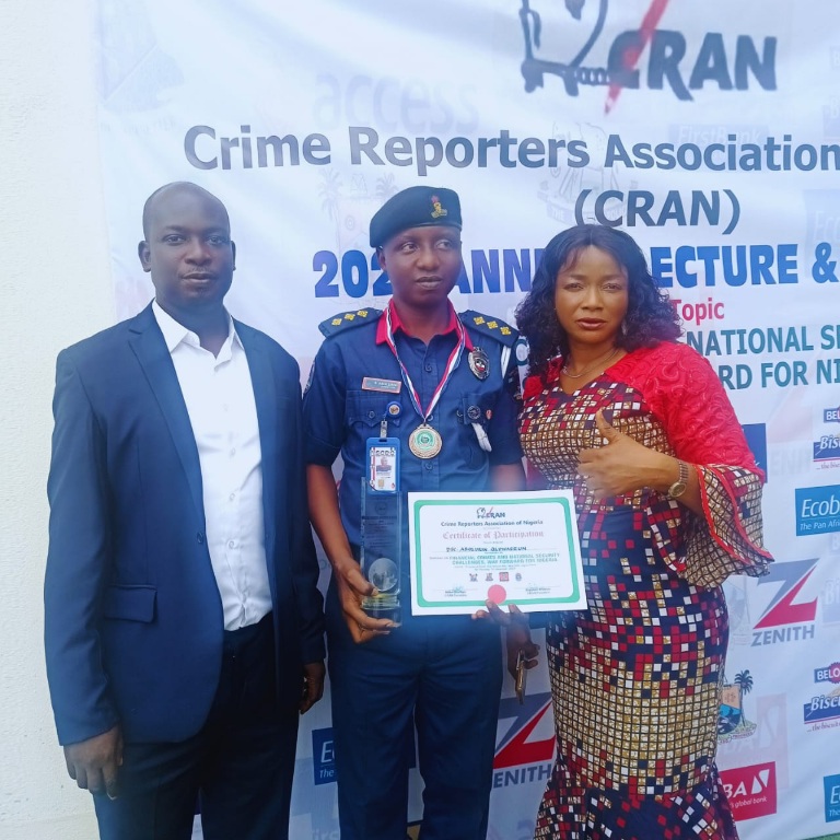 Award recipient: NSCDC spokesman in Lagos, Abolurin Oluwaseun flanked by CRAN President, Lekan Olabulo and Mrs Evelyn Usman of the Vanguard Newspapers at the 2023 CRAN Awards on Thursday, December 7, at the Providence Hotel, GRA, Ikeja, Lagos.