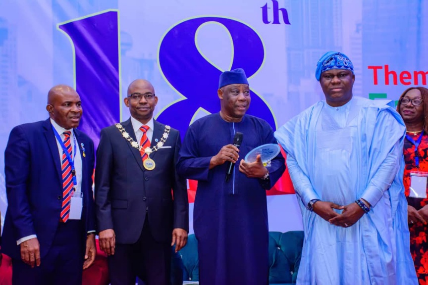 From Left: ICAN Vice-President, Chief Davidson Alaribe FCA; ICAN President, Dr Innocent Okwuosa FCA; Oyo State Deputy Governor, Engineer Adebayo Lawal and the award recipient & ICAN Honorary Treasurer, OTUNBA Tobi Abiola FCA at the 18th ICAN Western Zonal Conference in Ibadan, Oyo State.