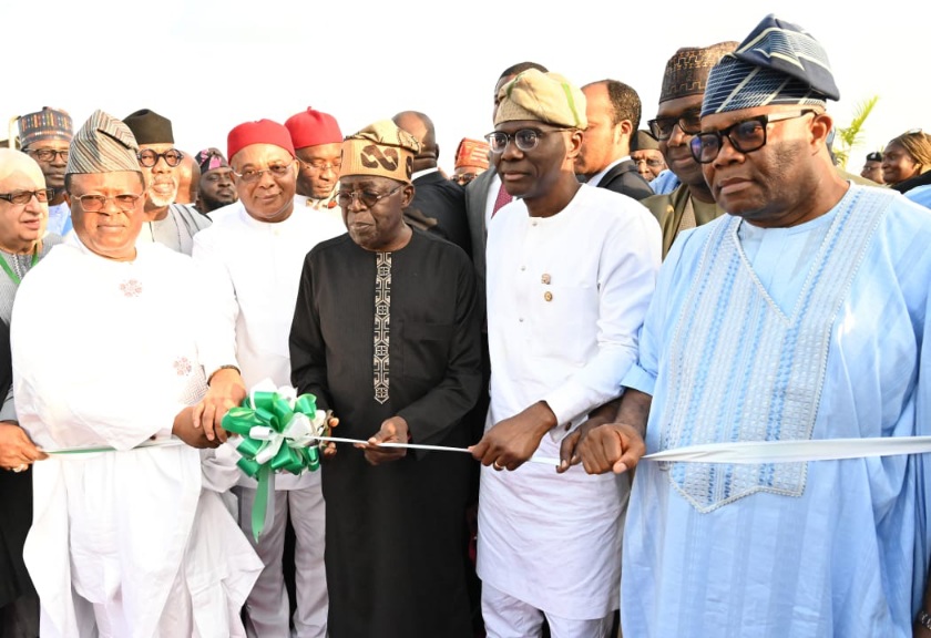 President Bola Tinubu cutting the tape to officially Flag-off the construction of Lagos-Calabar Coastal Highway in Lagos today (26/5/2024). With him are from left: Minister of Works, Sen Dave Umahi; Gov Hope Uzodimma of Imo State; Gov Babajide Sanwo-Olu of Lagos State and the President of the Senate, Godswill Akpabio